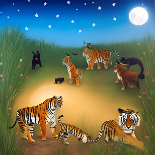 a small photograph of one tiger, one goat and some cheeky pidgeons at night